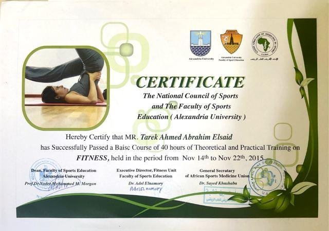 Fitness Training Course certificate, National Council of Sports & Alexandria University